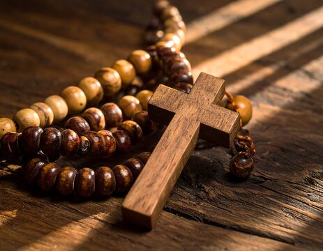 Close-up of a wooden cross laying on beads, set on a weathered wood table, lit by warm sunlight, representing faith