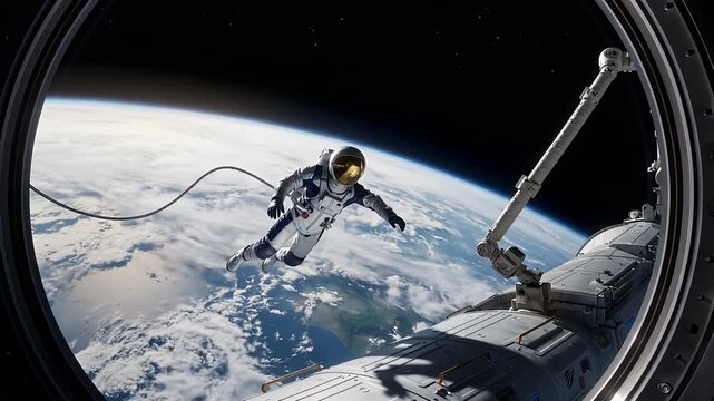 astronaut spacewalk near spacecraft above earth