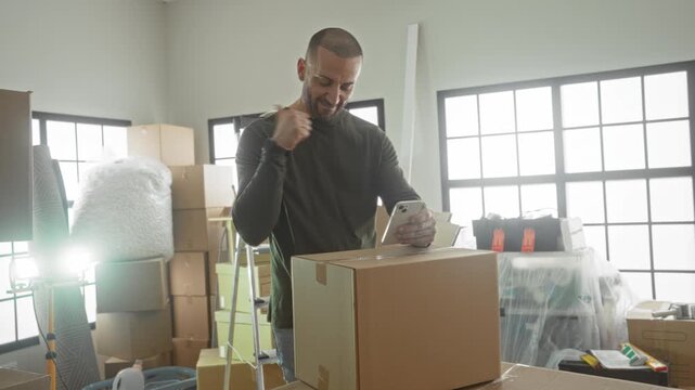 Young hispanic man checking smartphone with hand to mouth chin gesture by cardboard box in building; contemplation relocation.