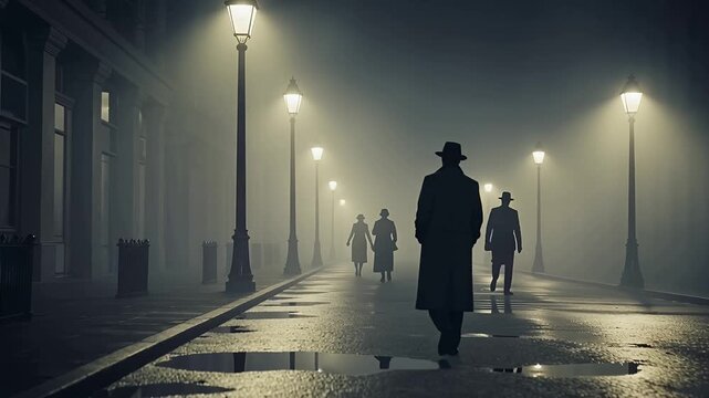 noir night street silhouette man foggy streetlights vintage car urban scene