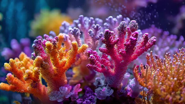Colorful coral reef underwater with vibrant tropical corals illuminated in blue ocean water. Marine biodiversity, ocean ecosystem, and underwater nature concept