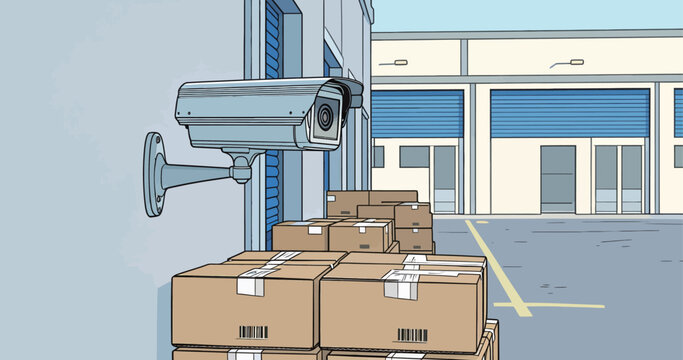 Surveillance camera watches over boxes stacked outside a storage unit during daylight hours