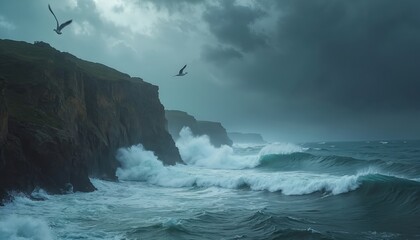 Naklejka premium Dramatic ocean waves crash against rugged cliffs under a stormy, dark sky. Seagulls fly over the turbulent sea, showcasing nature raw power and wild beauty.