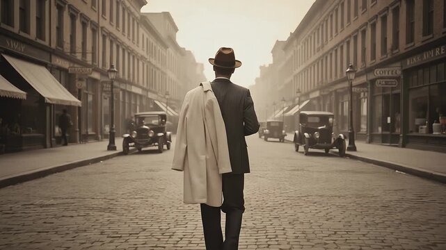 man in vintage suit walking on sepia city street