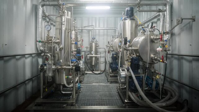 Medium shot of a containerized biobased cyclic intermediate pilot skid featuring compact modular equipment for renewable aromatic production from sustainable biofeedstocks.