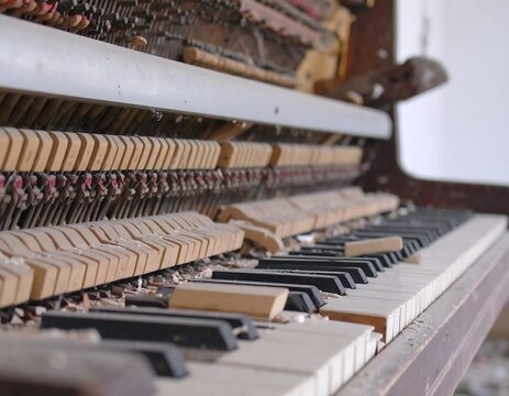Close-up of an old, decaying piano. Broken keys and inner mechanics are visible, suggesting long-term neglect and abandonment. Dust and debris cover the instrument