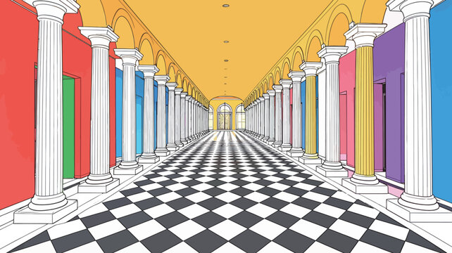 Colorful hallway with columns and doors in bright colors at an indoor location