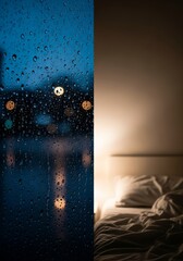 Fototapeta premium Wet glass window with raindrops overlooks a dark night street while soft indoor light spills onto rumpled bedding in a quiet bedroom scene, dark, shadows, contemplation