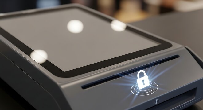 Secure payment card reader device with glowing lock icon on dark surface