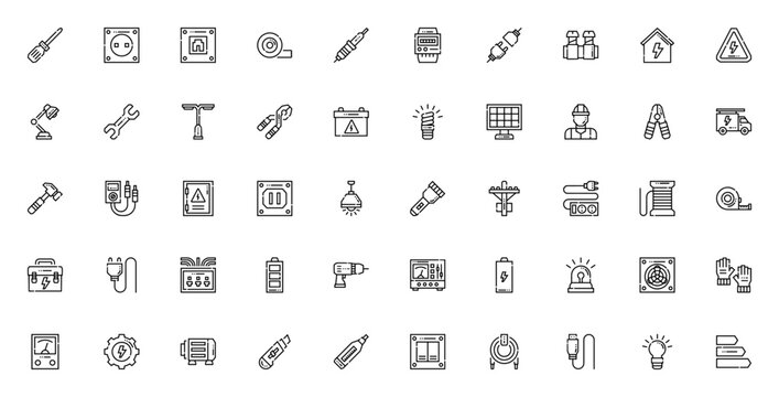 Electrician tools icon set. Vector toolkit with screwdriver, pliers, multimeter, cable, bulb, socket, drill, safety gear and more. Minimal line symbols.