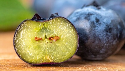 Cross-Section of a Blueberry with Another Blueberry in the Background.