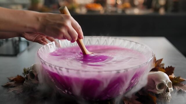 Woman stirring smoking purple punch in a glass bowl with skulls during a Halloween party.