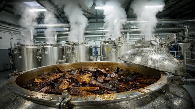 Medium shot of steel digesters releasing steam as wood chips are chemically processed into liquor inside an industrial batch cooker. Closeup of a steel digesters open hatch