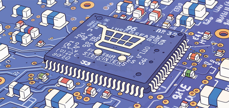 Circuit board with shopping cart symbol connecting technology and retail in a modern setting