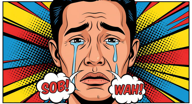 A sad man with tearful eyes and a speech bubble