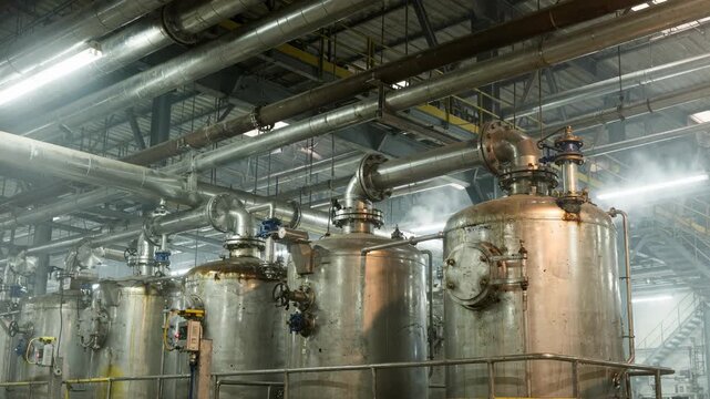 Medium shot highlighting overhead piping infrastructure above sulfuric acid reaction tanks emphasizing industrial flow of materials in phosphoric acid production.