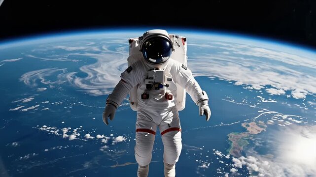 astronaut floating in space near spacecraft window with earth visible