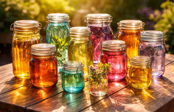 Decoraci&oacute;n con botellas y tarros de cristal de colores iluminados por el sol.