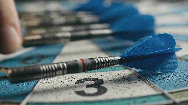 Several darts are placed on a game board with numbered sections