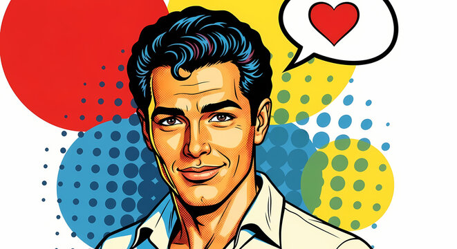 Retro pop art style man is smiling with a thought bubble of a red heart above his head 