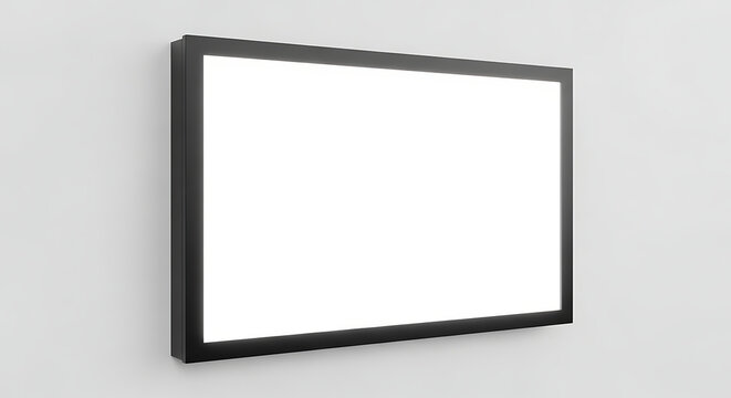 Blank horizontal black frame billboard mockup on a gray wall background for advertising and branding displays.