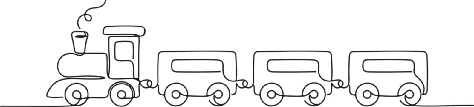 Continuous single line drawing of a toy train with a locomotive and three wagons, minimalist steam engine and carriages vector illustration.