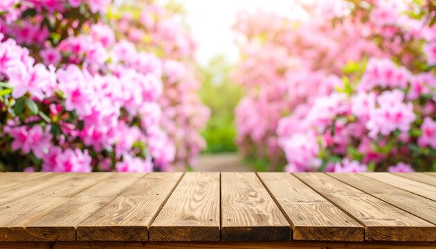 Close-up of a wooden surface in focus, with a blurred floral background of vibrant pink blooms, and natural light