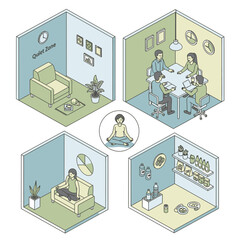 Obraz premium Isometric illustration depicting various zones within an office space designed for employee well-being and productivity, including a quiet zone, meeting room, meditation area, and a wellness station.