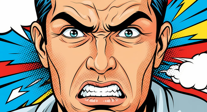 Expressive portrait of an angry person with a stylized pop-art background