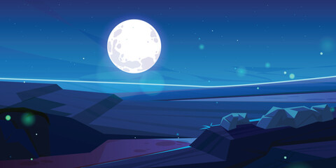 Mystical Night Landscape with a Large Full Moon and Stars, Stylized Vector Illustration of a Calm Evening Scene with Glowing Lights. © amodha