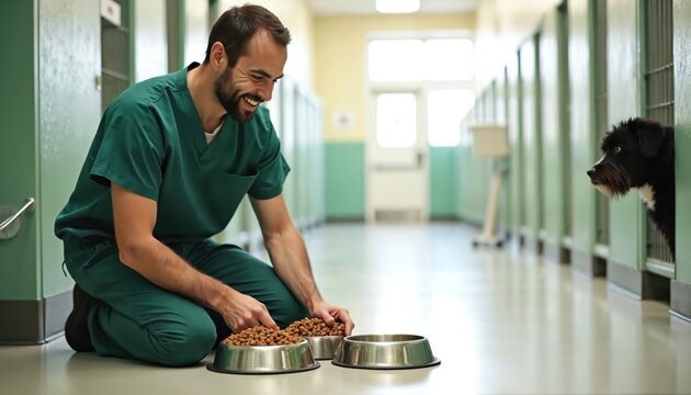 Shelter worker in green scrubs kneels, smiling as he fills dog bowls with kibble in a clean animal shelter hallway. A black dog peeks from its kennel, waiting patiently for its meal.