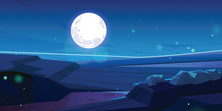 Mystical Night Landscape with a Large Full Moon and Stars, Stylized Vector Illustration of a Calm Evening Scene with Glowing Lights.