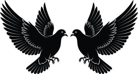 Obraz premium Symmetrical flying raven birds silhouette with spread wings facing each other, detailed feather vector illustration isolated on light background, gothic wildlife emblem design concept