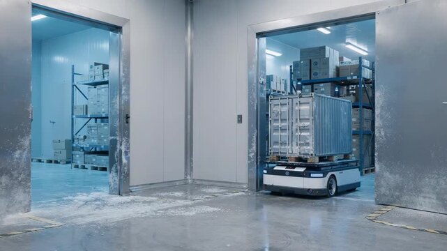 Coldchain automated guided vehicle moving refrigerated containers between rooms emphasizing temperaturecontrolled logistics and precision robotics in food and pharmaceutical