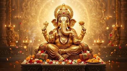 Fototapeta premium Golden Ganesha statue surrounded by flowers in a spiritual setting