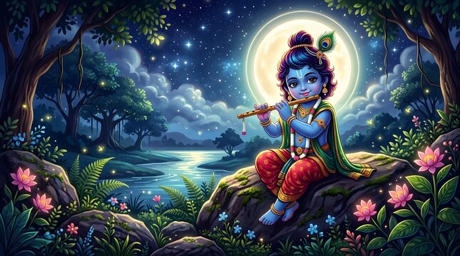 Mythical child playing flute under a starry night sky in a forest