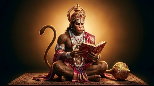 Hanuman deity reading ancient scriptures in spiritual setting