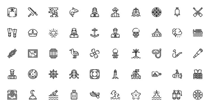 Sailor icon set. Nautical vector icons pack. Includes sailor, pirate, ship, anchor, lighthouse, treasure map, shark, octopus and more. Editable stroke.