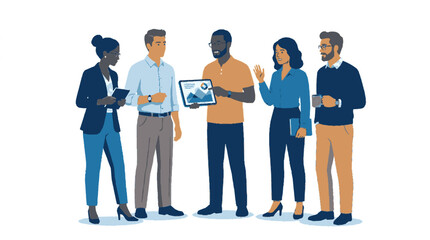 Obraz premium Diverse team standing together in business casual attire engaged in discussion with technology