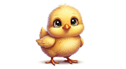 Cute yellow cartoon chick standing waving with one wing on white background