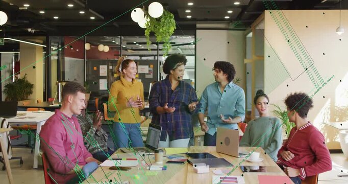 Reacting to green overlay, central woman addressing team at meeting table to decide with laptop