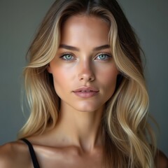 Naklejka premium Attractive blonde woman with blue eyes poses for studio portrait. Model with long wavy hair and gentle smile looks at camera. Natural makeup, clear skin, elegant pose, fashion style.