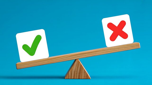 Concept of decision making with a balance scale showing check mark and cross symbol