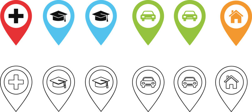 Set of map pointer icons for location navigation, GPS pins for hospital, school, car, and home, in flat color and outline styles.