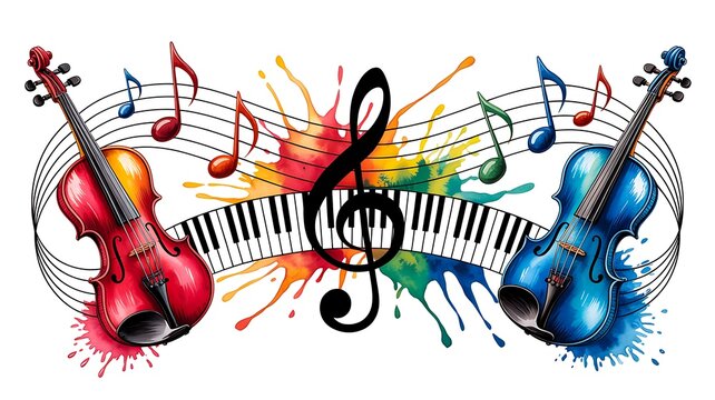 Colorful musical instruments with piano keyboard violin and notes for music art and entertainment concept