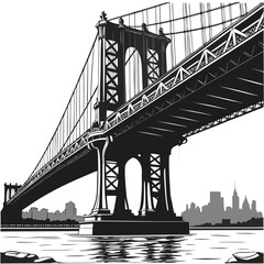 Fototapeta premium Brooklyn Bridge and Golden Gate Bridge city skyline over water with New York and San Francisco landmarks travel illustration