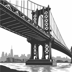 Fototapeta premium Brooklyn Bridge vector illustration in New York City over river water with Manhattan skyline, urban architecture and travel landmark view