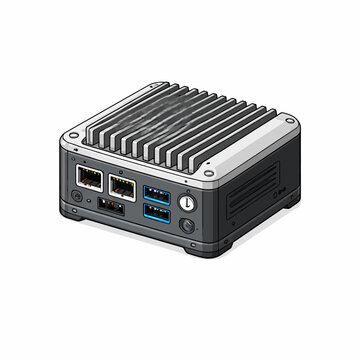 Isometric vector illustration of a compact industrial edge computing unit, an advanced device for AI-driven automation, data collection, and control systems in modern digital infrastructure