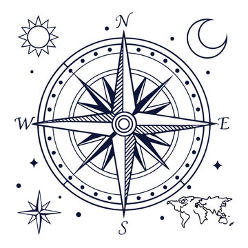Compass rose vector illustration showing navigation directions for travel map and nautical symbol design
