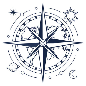 Compass rose vector illustration on black background showing navigation directions north south east west travel nautical symbol